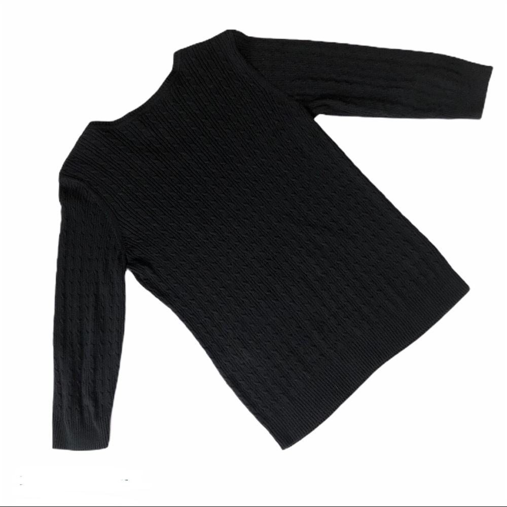Karen Scott Cable Knit Cotton Sweater Top V Neck 3/4 Sleeve Black Petite - Picture 2 of 7